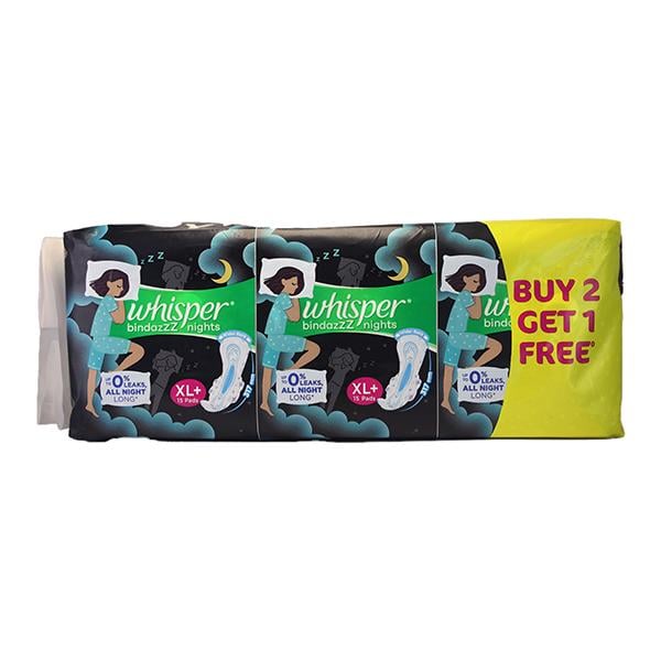 Whisper Bindazz Nights Sanitary Pads (XL+) 15's (Buy 2 Get 1 Free) - Sanitary Napkins