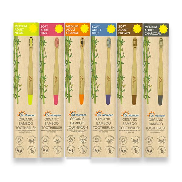 Netmeds | Dr.Morepen Organic Bamboo Adult Toothbrush Combo Pack ( Soft - Pink 1's, Blue 1's, Brown 1's + Medium - Neon 1's, Orange 1's, Charcoal 1's)