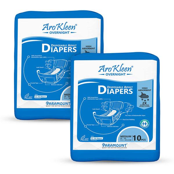 AroKleen Overnight Disposable Adult Diapers (M) (71.1 cm - 101.6 cm) (Pack of 2 x 10's) 1's - Adult Diapers & Pads