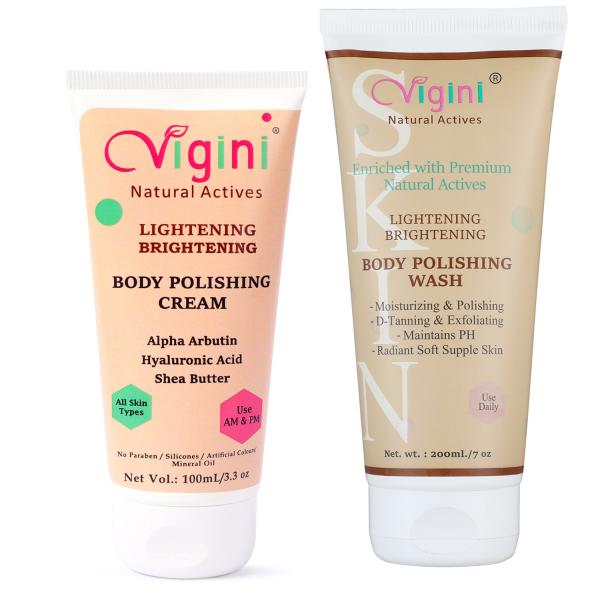 Netmeds | Vigini Lightening Brightening Body Polishing Wash 200 ml + Lightening Brightening Body Polishing Cream 100 ml
