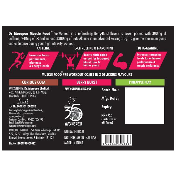 Dr. Morepen Muscle Food Pre Workout 300 Powder - Berry Burst 250 gm - Workout Essentials