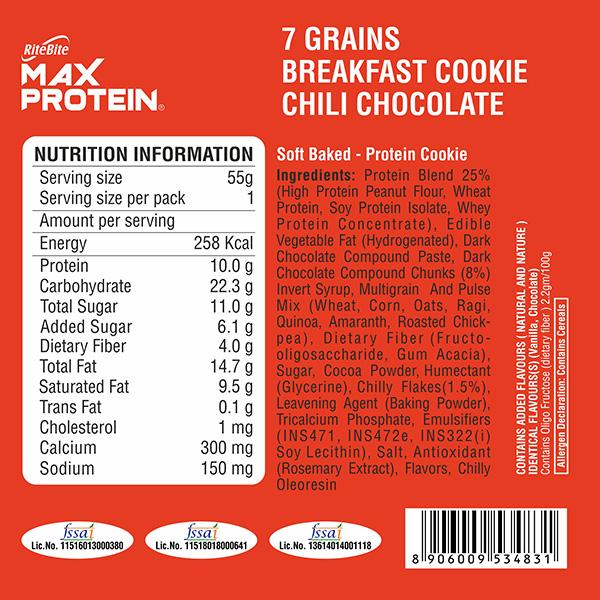 RiteBite Max Protein 7 Grain Breakfast Cookie - Chili Brownie (Pack of 12 x 55 gm) - Nutritional Bars