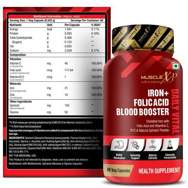 MuscleXP Iron + Folic Acid Blood Booster Daily Vital Veg Capsule 60's - Amino Acids