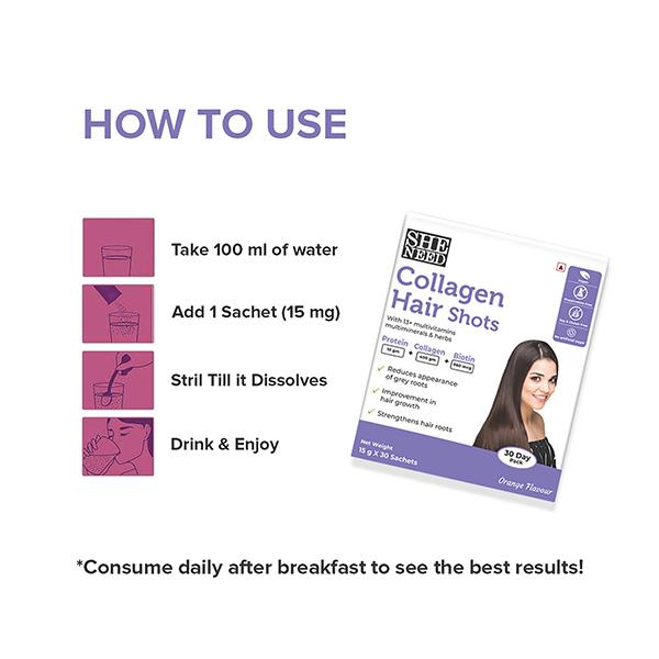 SheNeed Collagen Hair Shots Sachet - Orange (Pack of 30 x 15 gm) - Hair & Skin