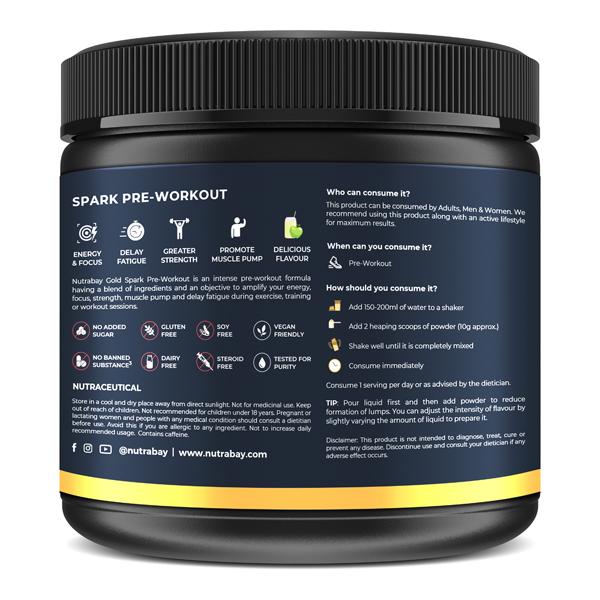Nutrabay Gold Spark Pre-Workout Energy Powder - Green Apple Flavour 300 gm - Energy Drinks