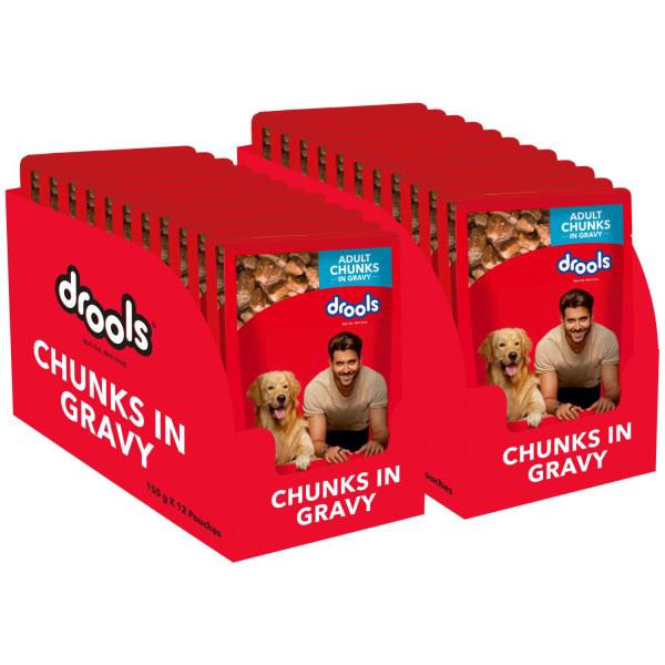 Netmeds | Drools Adult Wet Dog Food, Real Chicken and Chicken Liver Chunks in Gravy, 24 Pouches (24 x 150g) 3600 gm