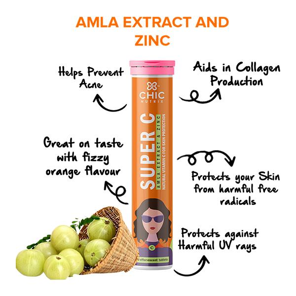 Chicnutrix Super C- Amla Extract and Zinc Effervescent Tablet - Orange Flavour (Pack of 3 x 60's) - Vitamin C