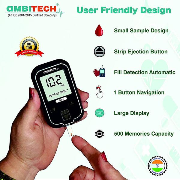 Ambitech Elizy Blood Glucose Measuring Kit (Test Strips 100's + Lancets 100's + Glucometer 1's) -Black - Blood Glucose Monitors/Strips