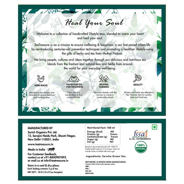 Tea Treasure Whole Leaf Green Tea Bag - Sencha 18's - Teas