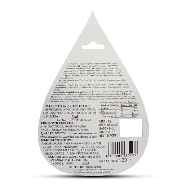 So Sweet 100% Natural 0% Calories Sweetener Stevia Liquid (Pack of 3) 1200 Drops 60 ml - Sugar Substitute