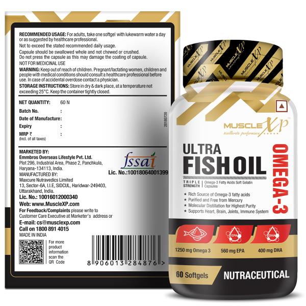 MuscleXP Ultra Fish Oil Triple Strength Omega 3 Capsule 60's - Omega Fish Oil Fatty Acids