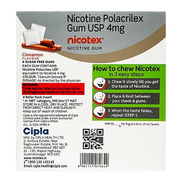 Nicotex Cinnamon Flavour Sugar Free 4mg Chew Gum Tablet 9'S - Smoking cessation