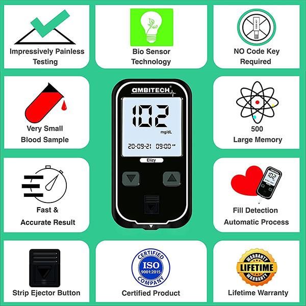 Ambitech Elizy Blood Glucose Measuring Kit (Test Strips 100's + Lancets 100's + Glucometer 1's) -Black - Blood Glucose Monitors/Strips