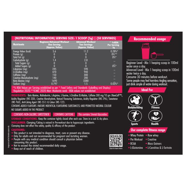 Dr. Morepen Muscle Food Pre Workout 300 Powder - Berry Burst 250 gm - Workout Essentials