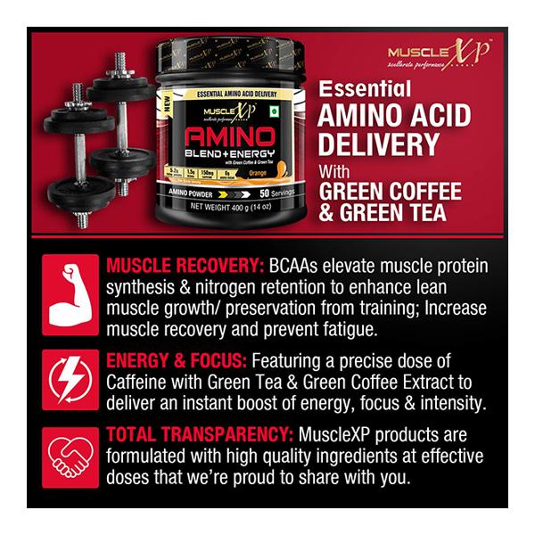 MuscleXP Amino Blend & Energy Powder - Orange Flavour 400 gm + Shaker 1's - Whey Proteins