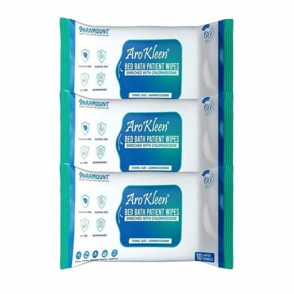 Netmeds | AroKleen Bed Bath Patient Wipes - Chlorhexidine (240 mm x 320 mm) (Pack of 3 x 10's) 1's