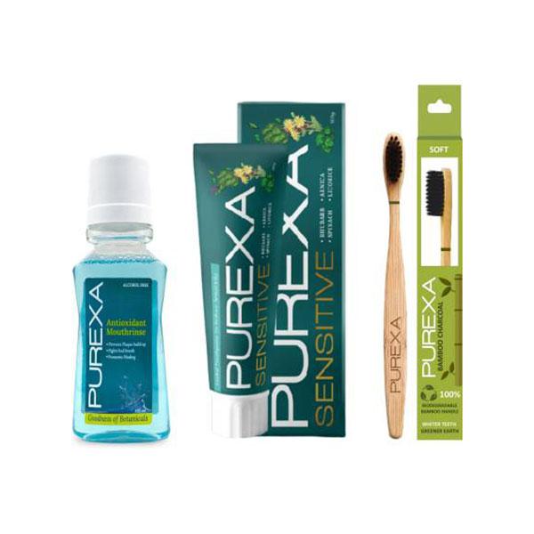 Netmeds | Purexa Gum Care Combo (Herbal Sensitive Toothpaste 100 gm + Mouthwash 150 ml + Bamboo Toothbrush 1's)
