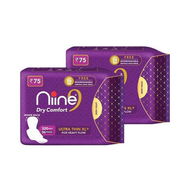 Niine Dry Comfort Sanitary Napkin with Biodegradable Disposable Bags - Ultra Thin XL+ (Pack of 2 x 6's) 1's - Sanitary Napkins