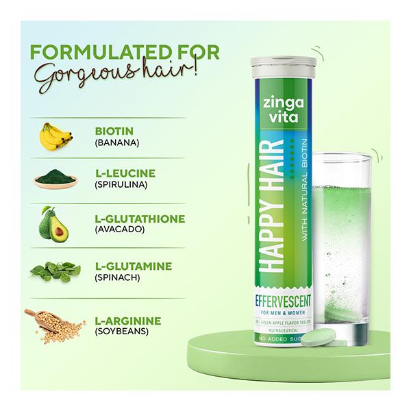 Zingavita Happy Hair Effervescent Tablet for Men & Women - Green Apple 20's - Hair & Skin