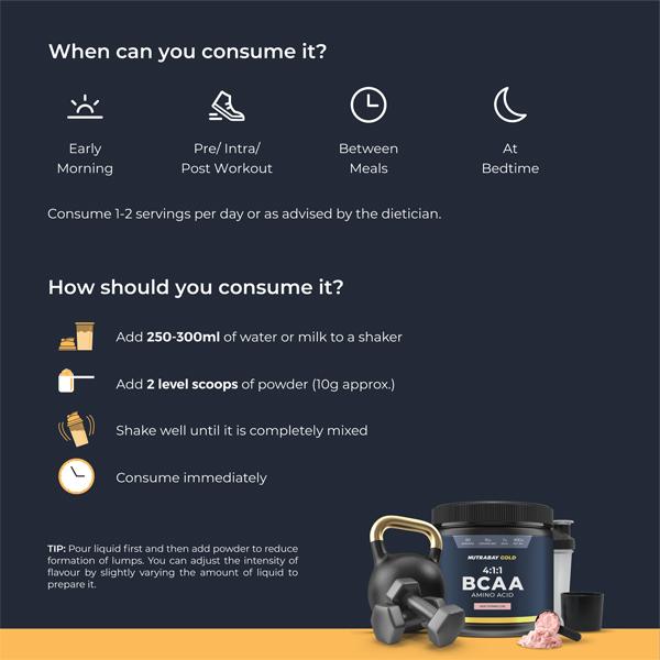 Nutrabay Gold BCAA Amino Acid Powder - Watermelon Flavour 300 gm - Bcaa Supplements