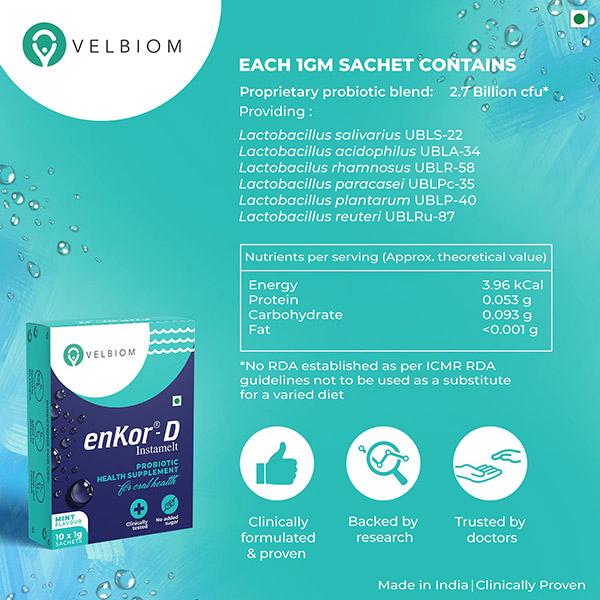 Velbiom Enkor D Instamelt Probiotic Sachet - Mint (10's X 1 gm) - Digestive Health