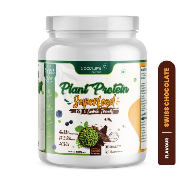 Goodlife Nutrition Plant Protein Super Food Powder - Swiss Chocolate 500 gm - Nutritional Bars
