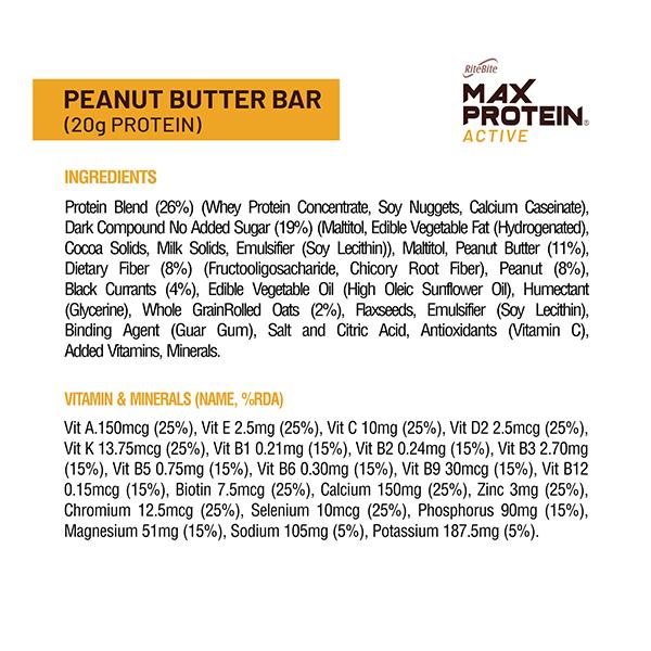 RiteBite Max Protein Active Peanut Butter Bar (Pack of 6 x 70 gm) - Nutritional Bars
