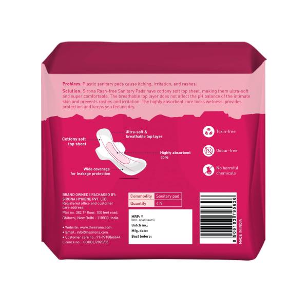Sirona Cottony Soft Rash Free Sanitary Pads for Women (XL+) 4's - Sanitary Napkins