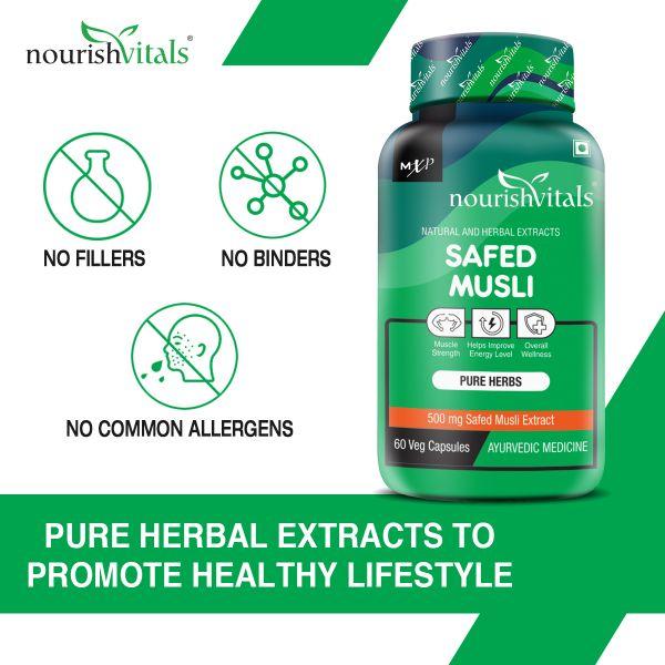 NourishVitals Safed Musli 500 mg Veg Capsule 60's - Herbal Dietary Supplement
