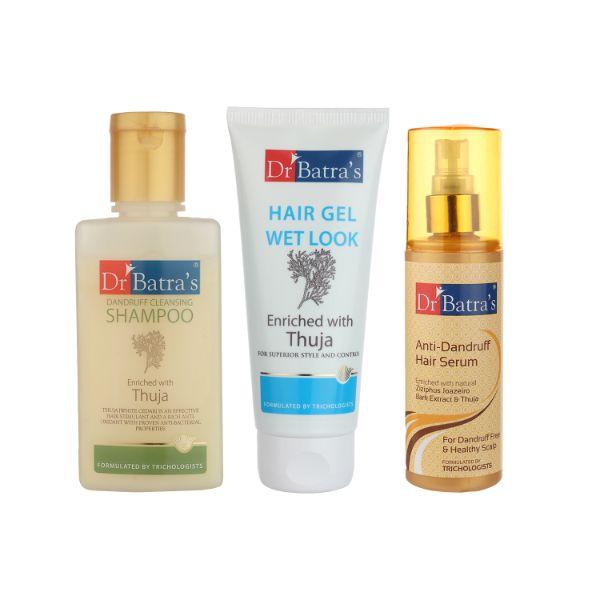 Netmeds | Dr Batra's Dandruff Cleansing Shampoo 100 ml + Wet Look Hair Gel 100 gm + Anti-Dandruff Hair Serum 125 ml