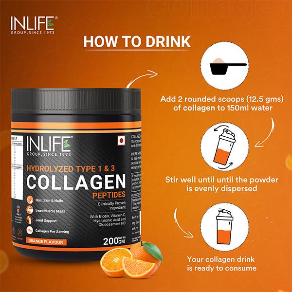 INLIFE Hydrolyzed Collagen Peptides Powder - Orange Flavour 200 gm - Hair & Skin