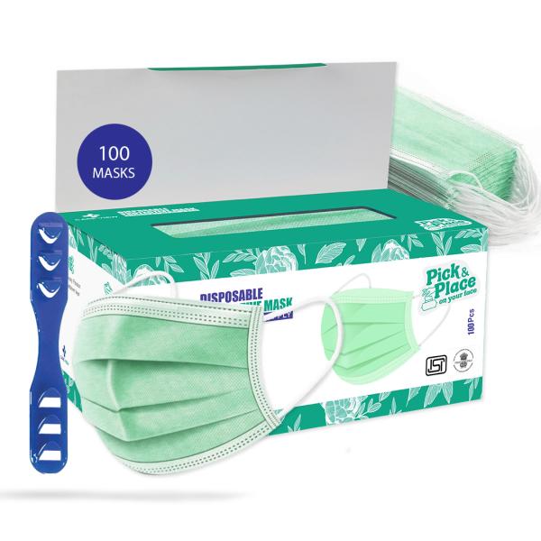 Netmeds | Care View 3 Ply Disposable Surgical Face Mask With Nose Pin - Green 100's