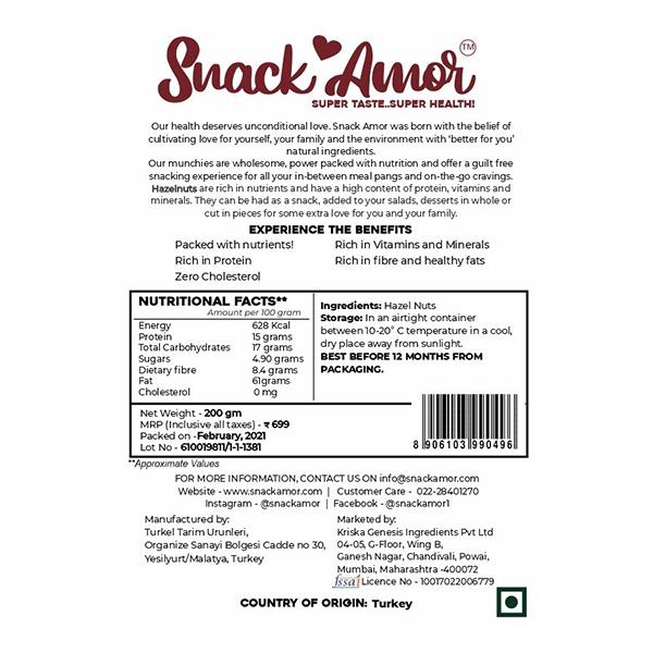 Snack Amor Hazel Nuts 200 gm - Nutritional Bars