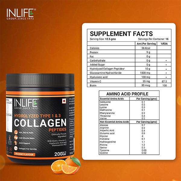 INLIFE Hydrolyzed Collagen Peptides Powder - Orange Flavour 200 gm - Hair & Skin