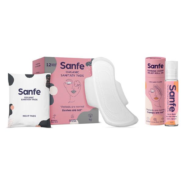 Netmeds | Sanfe Periods Basic Duo (Organic Sanitary Pads - Night Pads 12's and Feminine Cramp Relief Roll On 10 ml)