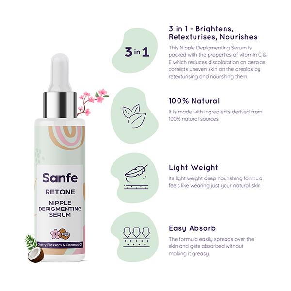 Sanfe Retone Nipple Depigmenting Serum - Cherry Blossom & Coconut Oil 50 ml - Breast Care Creams