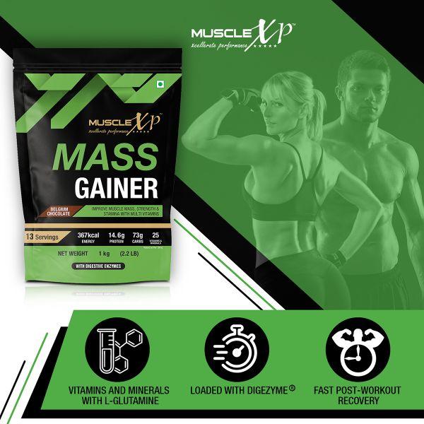 MuscleXP Mass Gainer with Multi Vitamin Powder - Belgium Chocolate 1 kg - Workout Essentials