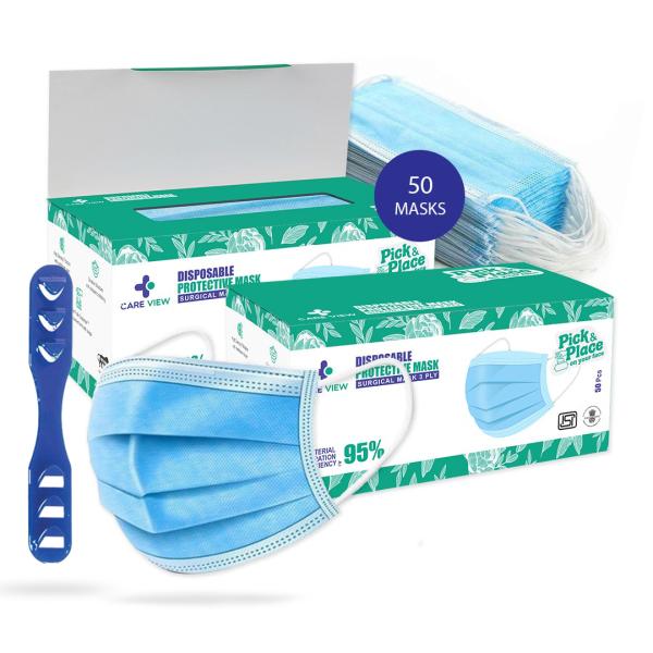 Netmeds | Care View 3 Ply Disposable Surgical Face Mask With Nose Pin - Blue 50's