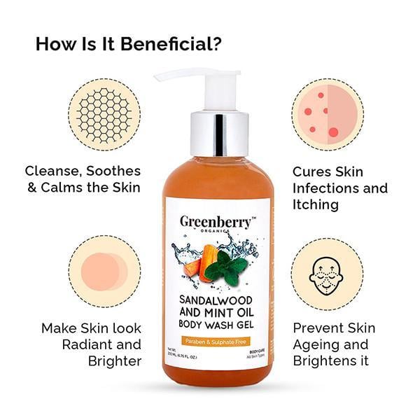 Greenberry Organics Body Wash Gel - Sandalwood & Mint Oil 200 ml - Shower Gels & Body Wash