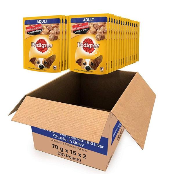 Pedigree Adult Chicken & Liver Chunks in Gravy (Pack of 70gm x 30) 2100 gm - Petfood