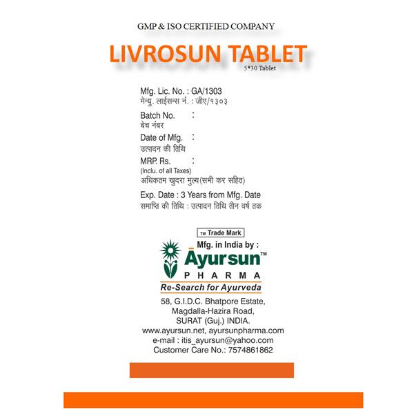 Ayursun Livrosun Tablet (Pack of 5 x 30's) - Speciality Medicines
