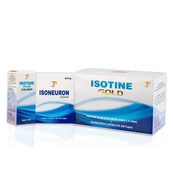 Jagat Pharma Isotine Gold Combo Pack (Isotine Plus Eye Drop (10 ml x 4 vials) + Isoneuron Capsule 60's) 2's - Speciality Medicines