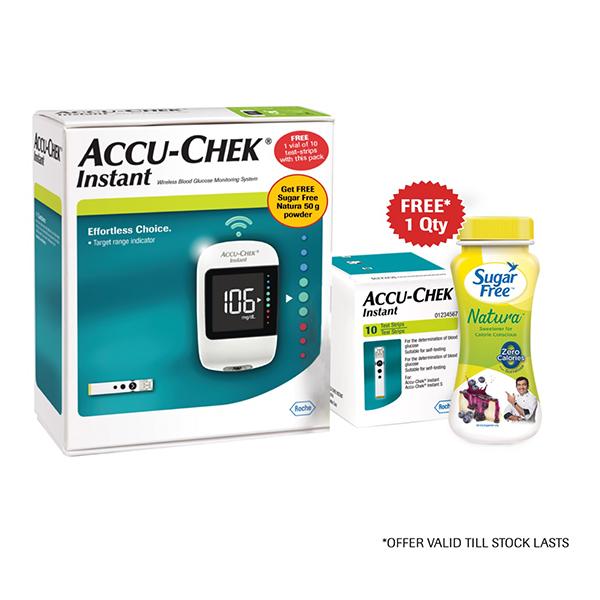 Accu-Chek Instant Blood Glucose Monitor with 10 Test Strips - (Get Free Sugar Free Natura Powder 50 gm) - Blood Glucose Monitors/Strips