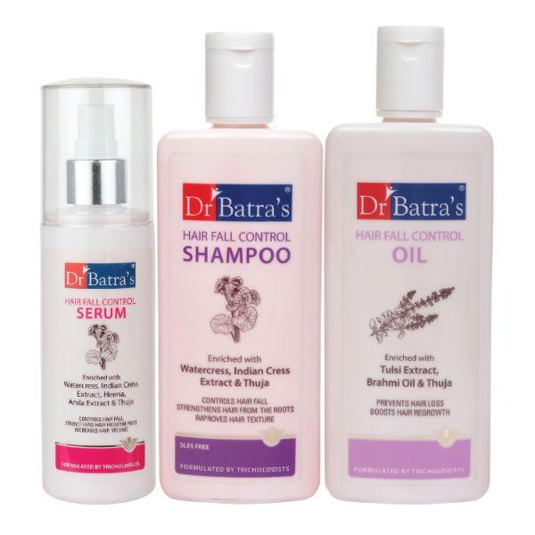 Netmeds | Dr Batra's Hair Fall Control Shampoo 200 ml + Hair Fall Control Oil 200 ml + Hair Fall Control Serum 125 ml