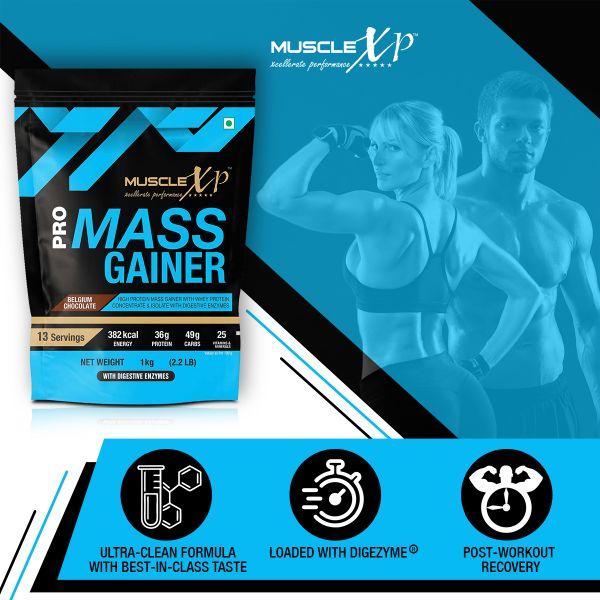 MuscleXP Pro Mass Gainer with Whey Protein Powder - Belgium Chocolate 1 kg - Whey Proteins