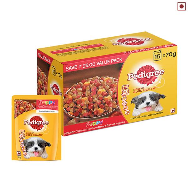Pedigree Puppy Chicken & Liver Chunks Flavour in Gravy with Vegetables (Pack of 70gm x 30) 2100 gm - Petfood