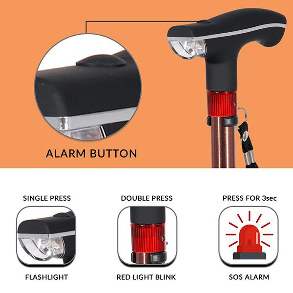 MCP Smart Folding & Height Adjustable Walking Stick with (Led Flashlight + SOS Alarm) - One Leg - Wheelchairs & Walking Sticks
