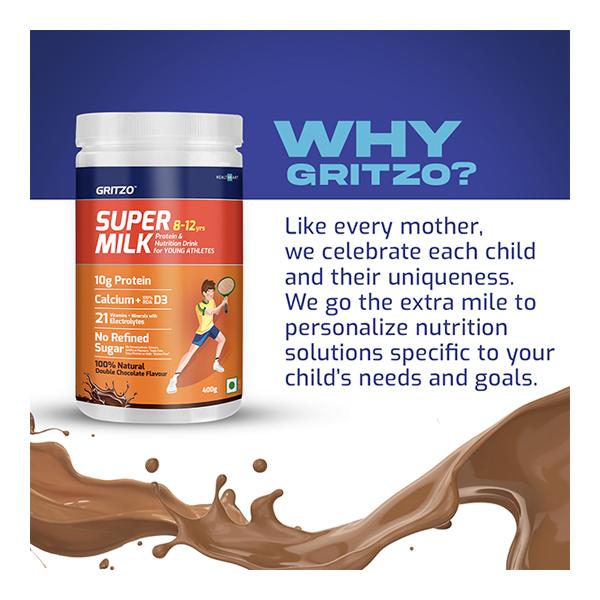 Gritzo SuperMilk Nutrition Drink Powder for Young Athletes - Double Chocolate 400 gm - Nutritional Supplement