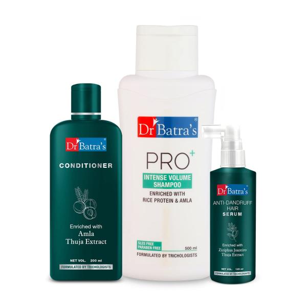 Netmeds | Dr Batra's PRO+ Intense Volume Shampoo 500 ml + Conditioner 200 ml + Anti-Dandruff Hair Serum 125 ml