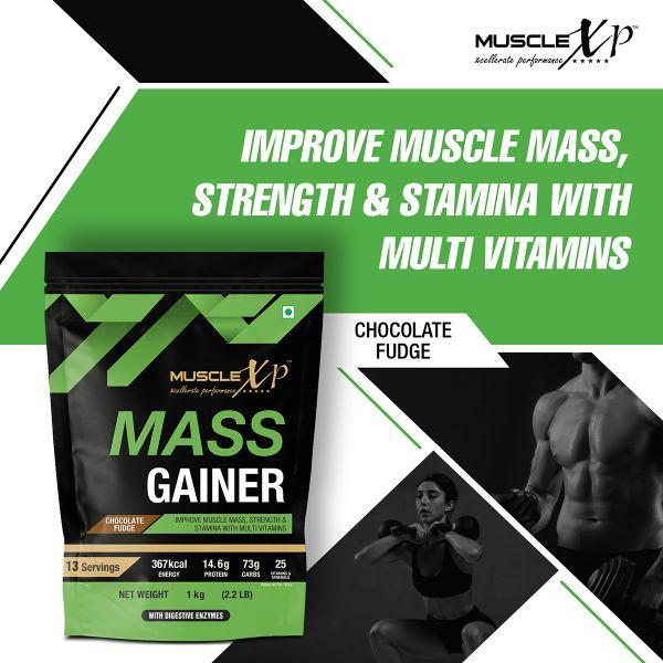 MuscleXP Mass Gainer with Multi Vitamin Powder - Chocolate Fudge 1 kg - Workout Essentials